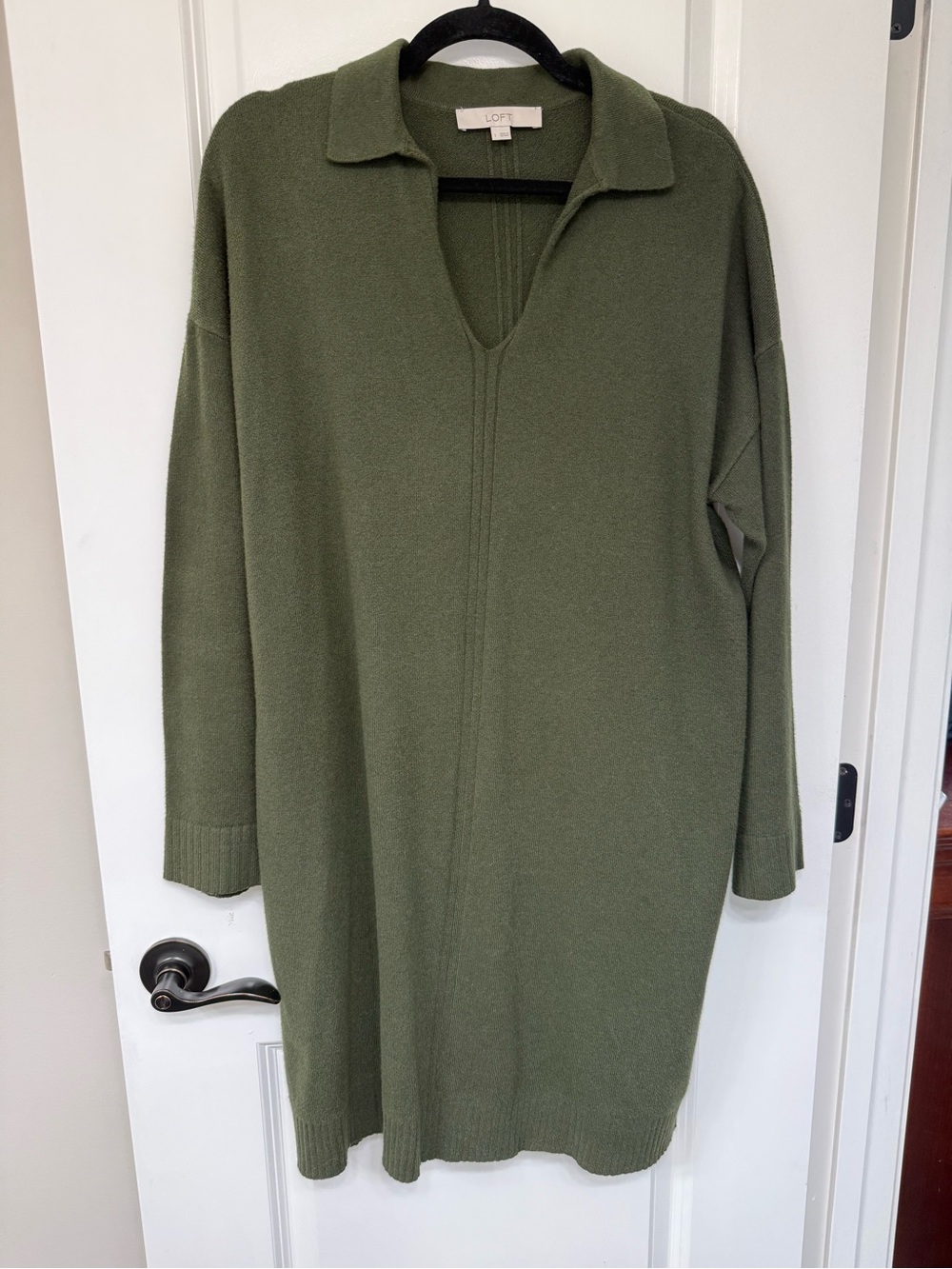 LOFT Green V-Neck Polo Collar pullover Sweater dress, Size L